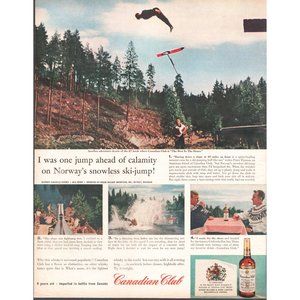 1961 Canadian Club Whisky Vintage Print Ad Ski Jumping Jump Norway Nordic Art